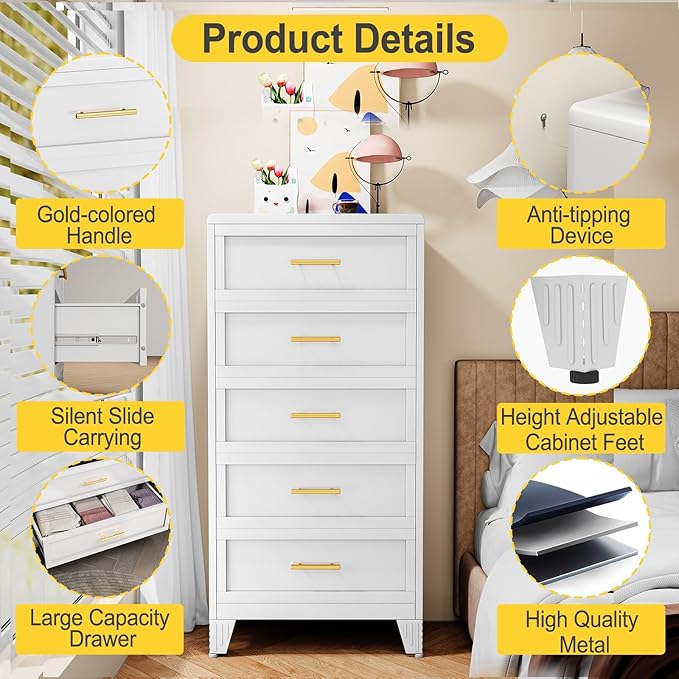 5 Drawers White Dresser for Bedroom, 53.46" Tall Metal Dressers & Chests of Drawers Curved Corner Design, Storage Organizer Drawer Chest with Large Capacity for Living Room, Entryway, Hallway