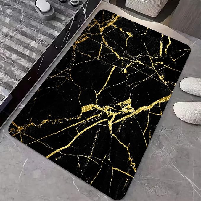 Diatomaceous Earth Bath Mat,Black Gold Marble Non-Slip Volume Super Absorbent Fast Drying for Bathroom Kitchen Door mat,Eco-Friendly Easy to Clean 16×24Inch (40 * 60cm)