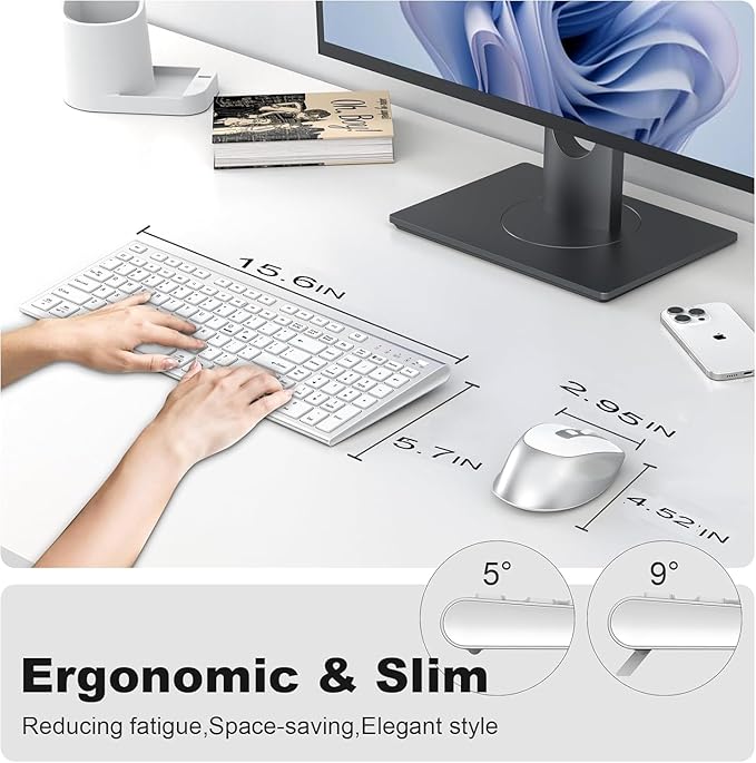 FENIFOX Wireless Keyboard and Mouse, Rechargeable USB C Combo Silent Quiet Compact Full Size Flat with Number Pad Soft Cover for Mac MacBook iMac Windows PC Laptop Computer Office - White & Silver