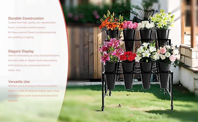Zhongma Flower Bar Stand Display shelf with Black Buckets for Fresh and Diy flowers Bouquet Rack Organizer Heavy Duty Flower Bucket Stand with Wheels