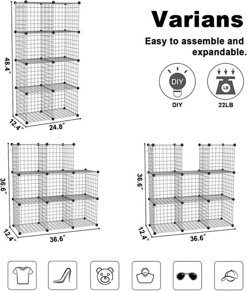 C&AHOME Wire Cube Storage - 8-Cube Organizer with Modular Metal Grids | Ideal for Home & Office, Silver Gray, 24.8" L x 12.4" W x 48.4" H
