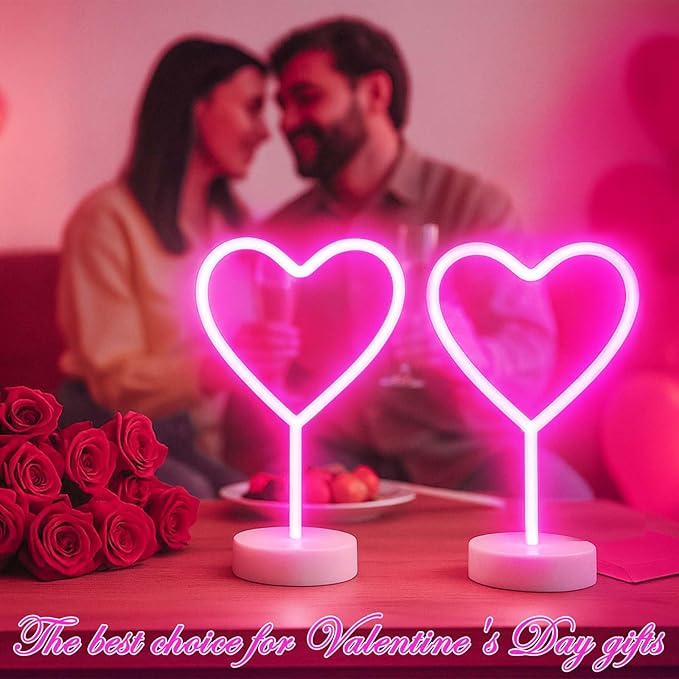 BHCLIGHT Pink Heart Neon Sign, 2 Pack Mother's Day LED Neon Light Battery Operated or USB Powered Valentines Lights, Table Decorations Lights for Room Dorm Wedding Anniversary Bedroom Classroom Decor