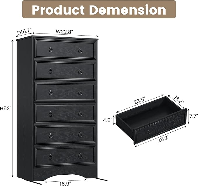6 Drawer Dresser Tall, 52" Tall Black Dresser for Bedroom, Chest of Drawers, Large Storage Organizer for Clothes, Grey Vintage, for Living Room, Bedroom, Hallway