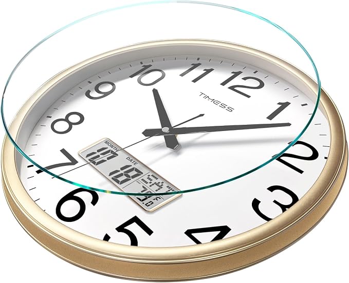 TIMESS Wall Clock, 11 Inch Non-Ticking Silent Battery Operated Quartz Analog with LCD Display for Perpetual Calendar and F° Temperature, Ideal Modern Home, Bedroom, Kitchen, Office Décor (Gold)