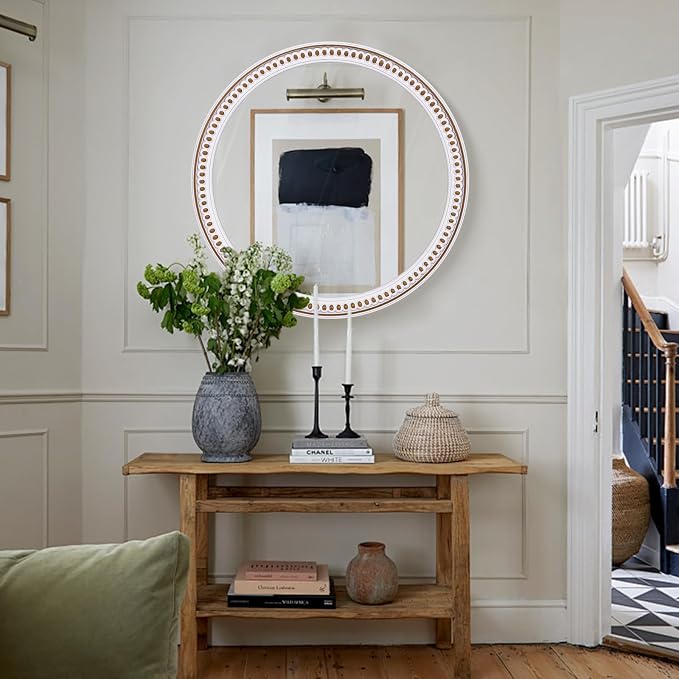 HOITUZYUS 24 Inch Wooden Rustic Farmhouse Round Mirror for Wall Decor | Circle Decorative Mirrors for Bathroom Over Sink, Entryway, Living Room, Bedroom, Hallway