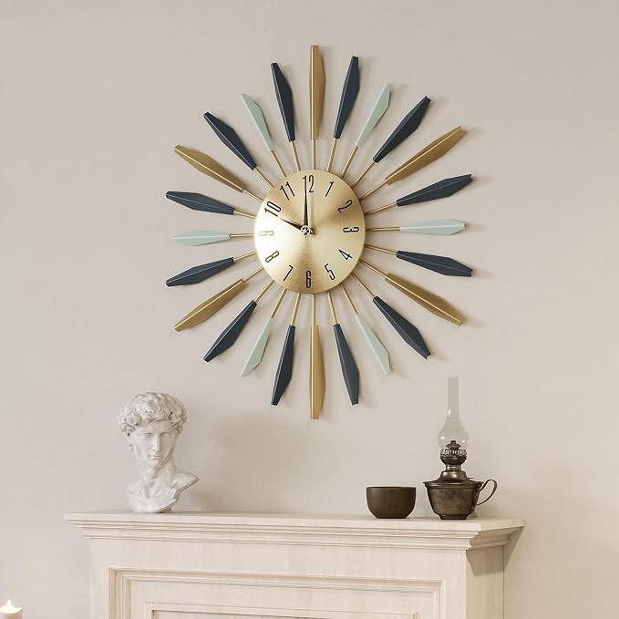 Cuspin Mid Century Modern Wall Clock, Large Colorful Starburst 28 Inch Wall Clock Battery Operated, Metal Decorative Sunburst Clocks for Living Room Kitchen Bedroom Office Decor