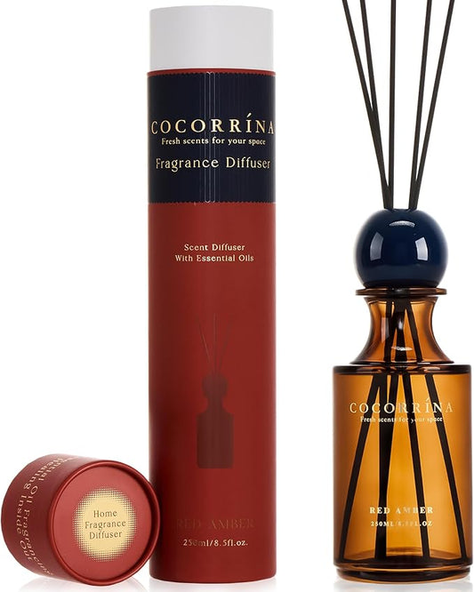 COCORRÍNA Red Amber Reed Diffuser 8.5 oz, Home Fragrance Oil Diffuser with 6 Reed Sticks, Long-Lasting Scent for Bathroom, Bedroom & Home Décor