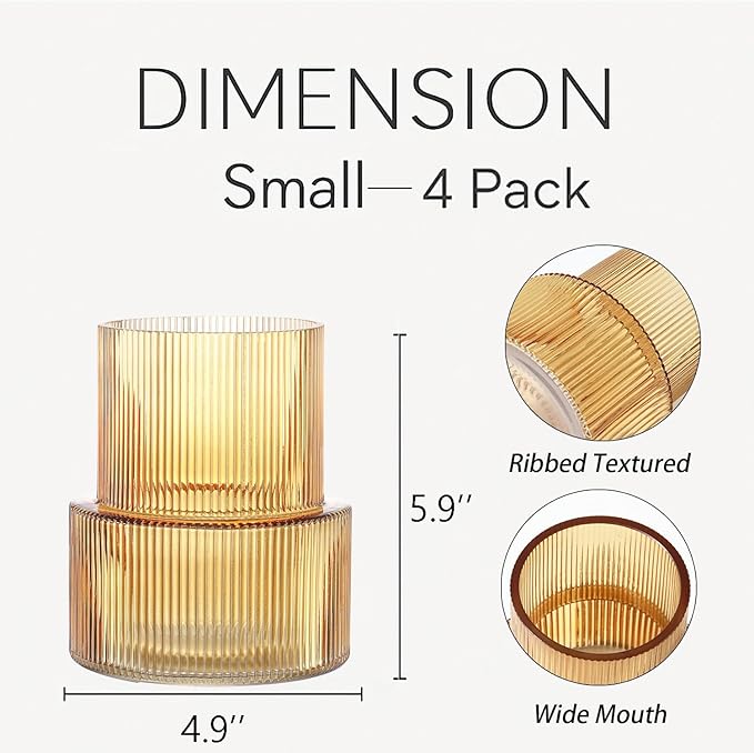 Ribbed Glass Vases, Set of 4 Small Vases for Flowers, Amber Glass Vase for Tulips, Modern Vase for Living Room, Kitchen, Office, Entryway, Bookshelf, Wedding Gifts, Birthday, 6 Inches