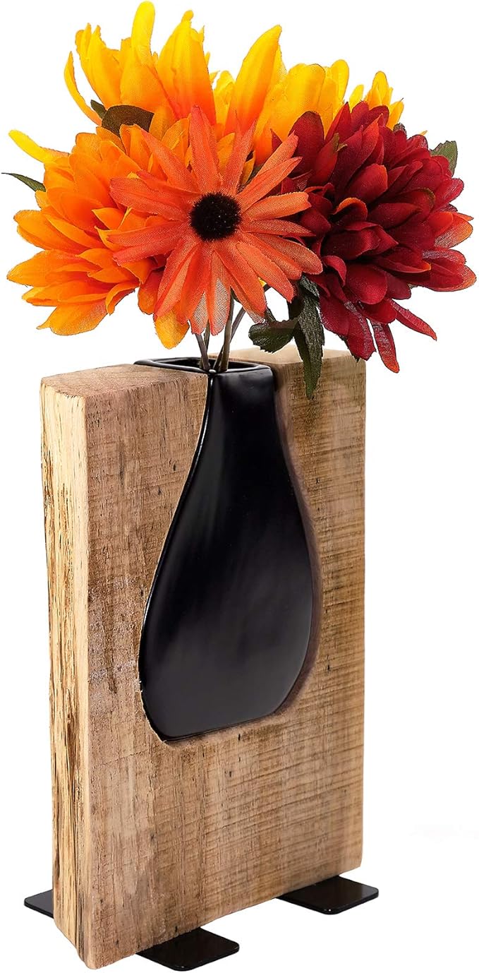 Excello Global Products Matte Black Glass and Wood Vase - Rustic Flower Vase Decorative Centerpieces for Dining Room Table Coffee Tables Vintage Farmhouse Decor (Short - 8" x 6")