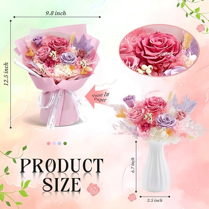 Preserved Flowers Roses Bouquet with Vases Real Pink Flowers for Delivery Prime, Forever Glitter Rose Bouquets Kit,Handmade Flowers Eternal Rosas,Gifts for Graduation Mom Women Birthday(Pink)
