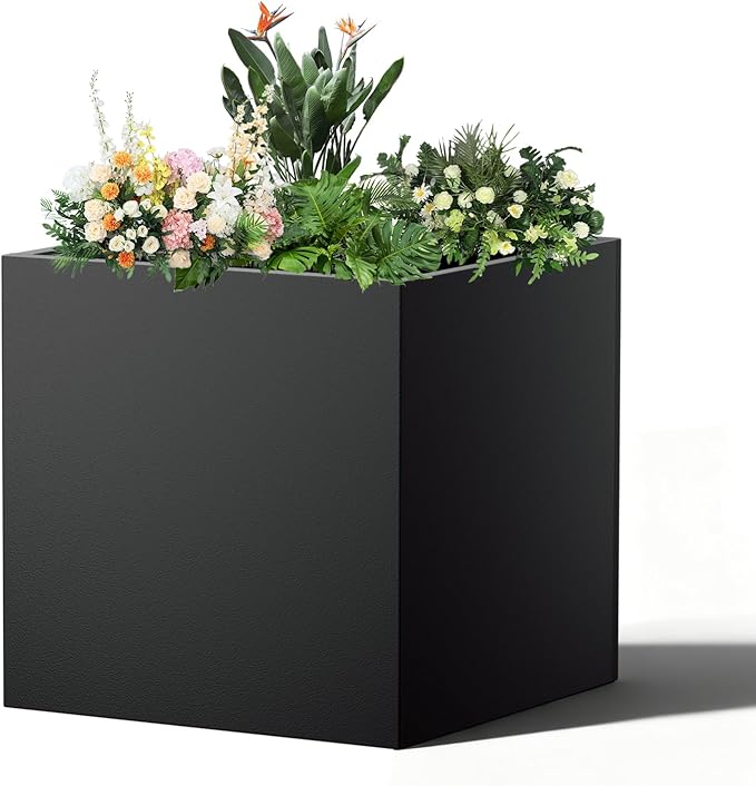 Metal Planter Box, 20" x 20"x 20", Heavy-Duty Galvanized Steel Outdoor Planter with Drainage Holes, Rectangular Planter for porches, Gardens, patios, and courtyards，Black