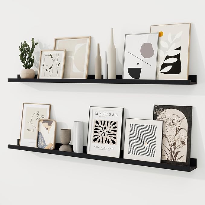 RICHFOCUS Picture Ledge Shelf, 48 inch Floating Shelves Set of 2, Wood Wall Shelves with Lip, Wall Decor Storage for Bedroom Living Room Bathroom Kitchen Nursery Photo Picture, Black