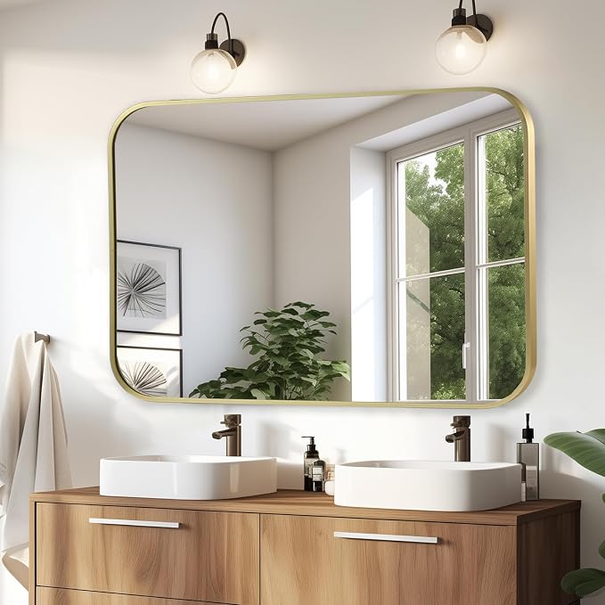 Brushed Gold Mirror, 24"x36" Rectangle Bathroom Mirror, Metal Frame Rectangle Corner Vanity Mirror, Wall Mounted Mirror for Modern, Living Room, Bedroom, Horizontal Or Vertical