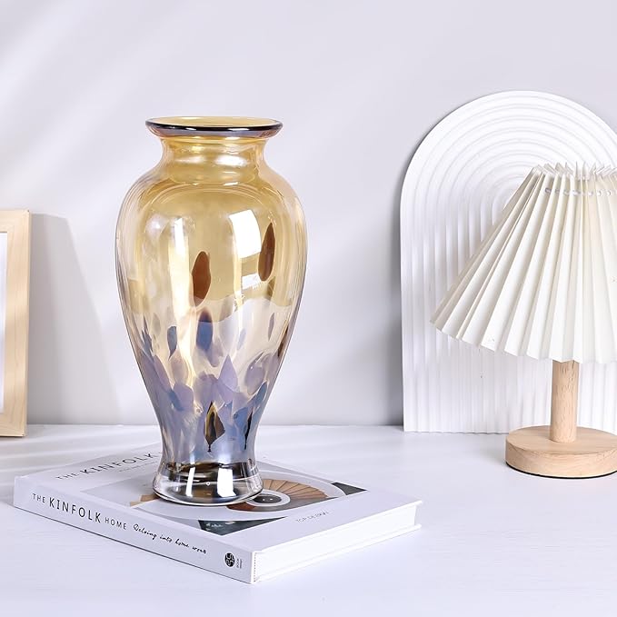 11.8" Tall Amber Gold Glass Vase Beautiful Hand Blown Glass Vase Modern Art Home Decor, Wide Mouth Colorful Vases for Mantle Dining Table Centerpiece, Entryway Living Room Wedding Decoration