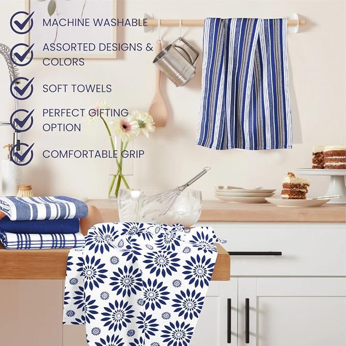 Assorted Kitchen Towels Large 16x26 inches 100% Cotton Set of 5 - Soft Absorbent Washable Tea Towel for Kitchen - Dish Cloths with Hanging Loop - Quick Drying Dish Towels Navy Blue