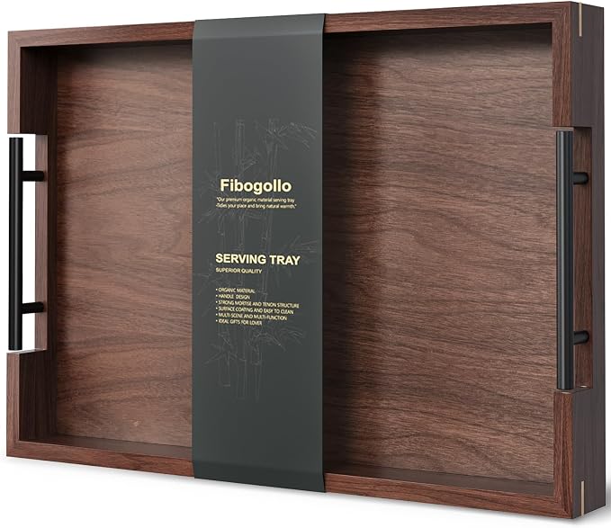 Fibogollo Walnut Wood Serving Tray with Metal Handles,17x12in Ottoman Decorative Trays Platter for Coffee Table,Living Room,Bar(Large)