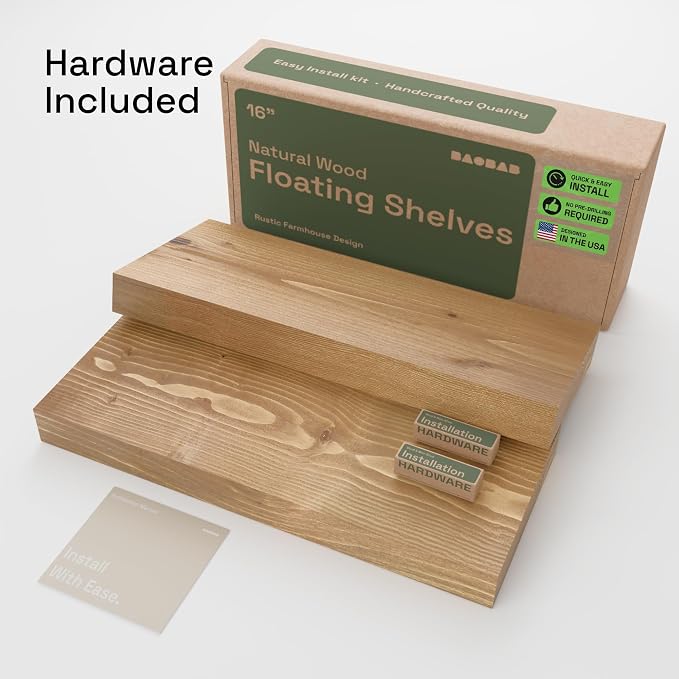BAOBAB WORKSHOP Natural Wood Floating Shelves for Wall 16 inch - Floating Wall Shelves for Kitchen Bedroom - Wooden Bathroom Shelves - Floating Shelf - Oak Finish, 16W x 6.7D, Set of 2