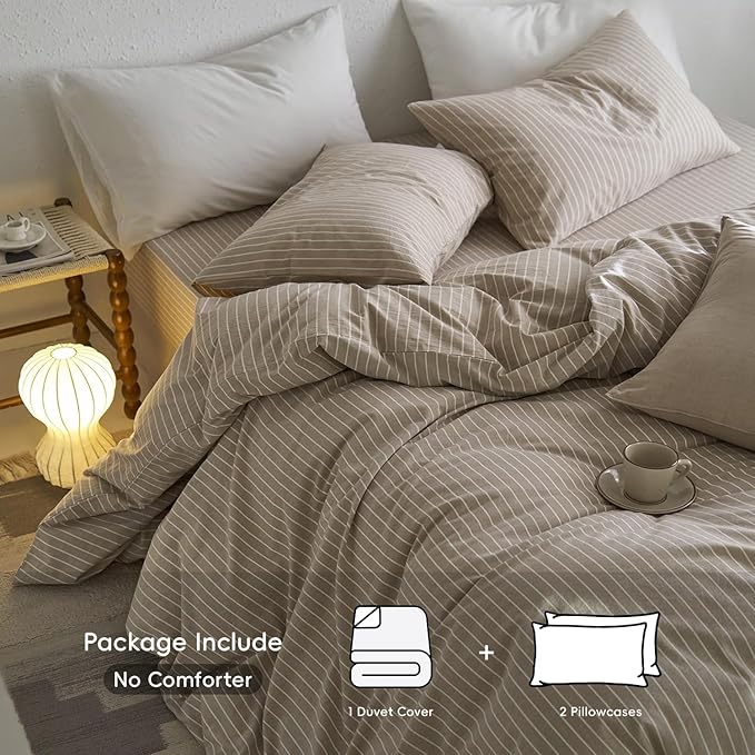 MooMee Striped Duvet Cover Set 100% Washed Cotton Linen Like Textured Breathable Durable Soft Comfy (Tannish Linen Grey White Wide Stripes, Super King 108"x98")