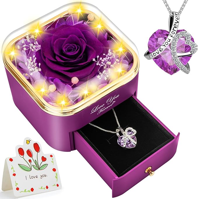 Preserved Purple Real Rose with Heart Necklace -Eternal Flowers Rose Birthday Gifts for Women Wife Mom Girlfriend Grandma Gifts Idea on Christmas Valentines Mothers Day for Her