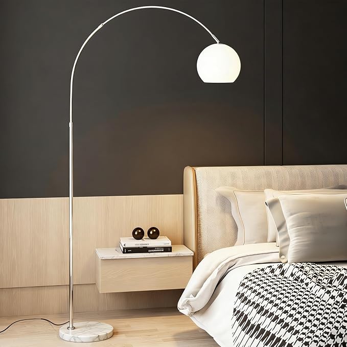MIXL-Milk Glass Shade Arc Floor Lamp,Marble Base Arch Lamp,Chrome Flexible Rod Standing Light,Modern Floor Lamps for Living Room Office