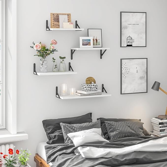 YGEOMER White Floating Shelves for Wall, Different Sizes Rustic Wall Shelves for Living Room, Bathroom, Bedroom, Kitchen, Home Decor (Set of 4)