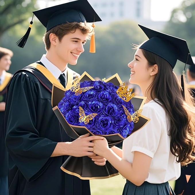 Waipfaru 24 Pcs Glitter Roses Bouquet, DIY Fake Flowers Bouquet, Artificial Blue Rose Bouquet for Valentines, Mothers Day Gifts, Anniversary, Engagement, Wedding