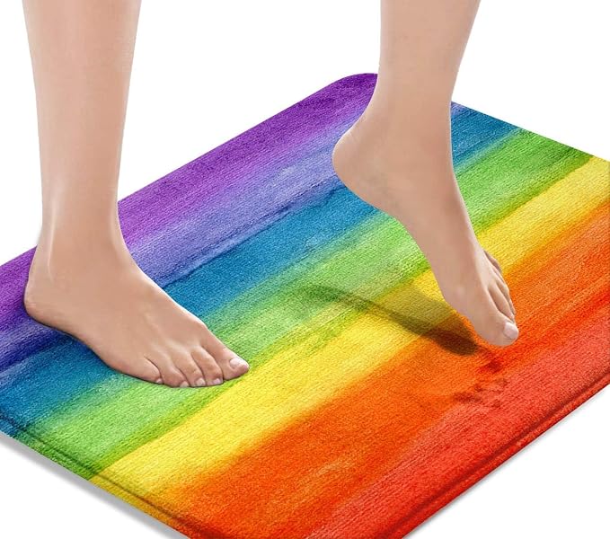 Britimes Bath Mat for Bathroom, Colorful Stripe Rainbow Washable Cover Floor Rug Carpets Floor Mat Bathroom Decorations 16x24 Inches for Kitchen Bedroom Indoor