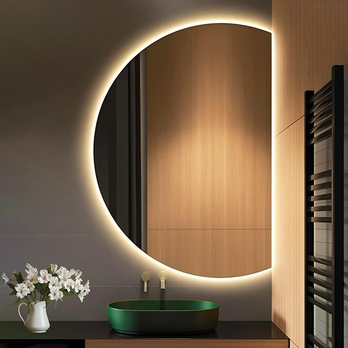 Modern Smart Anti-Fog Bathroom Mirror with Lights, Half Moon LED Wall Mirror, 3 Colors Dimmable Makeup Vanity Mirror, Large Frameless Decorative Mirror for Living Room(Right Cut,43"x30")