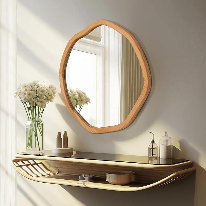 ULIKE Round Wood Mirror, 30 Inch Irregular Circle Vanity Wall Mirror with Wooden Frame, Rustic Decorative Wall Mount for Bathroom Bedroom Living Room Entryway, Natural