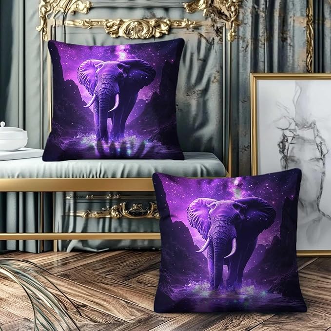 Elephant Throw Pillow Covers 18x18 Set of 2 | Wild Animal Decorative Cushion Covers | Purple Print Pillow Cases for Sofa and Bed Room | Jungle Themed Home Decor