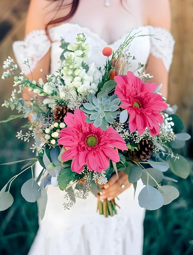 Hot Pink Gerbera Daisy Artificial Flowers – 5PCS Faux Wildflowers with 26.7" Stems, Real Touch Gerber Daisies for Summer Flowers Artificial Decoration, Bouquets & Party Arrangements