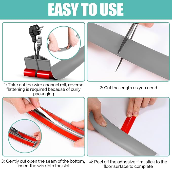 Floor Cord Cover Cavity 0.8"x0.37" Self Adhesive Cord Hider, 10FT Low Profile Cable Management, Extension Strip Protector for Wires, Prevent Cable Trips for Offices, Gyms, Exhibitions（Gray）