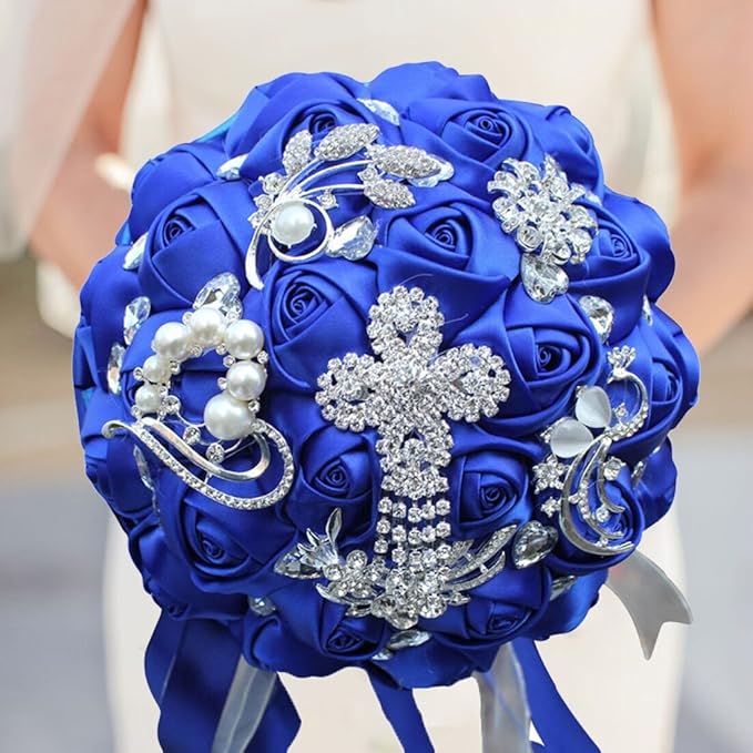 S_SSOY Customizable Romantic Wedding Bouquets Silk Flowers Bridal Holding Roses Bride Bridesmaid Brooch Bouquet with Pearl Diamond Crystal Ribbon Valentine's Day with Free Corsage (Blue)