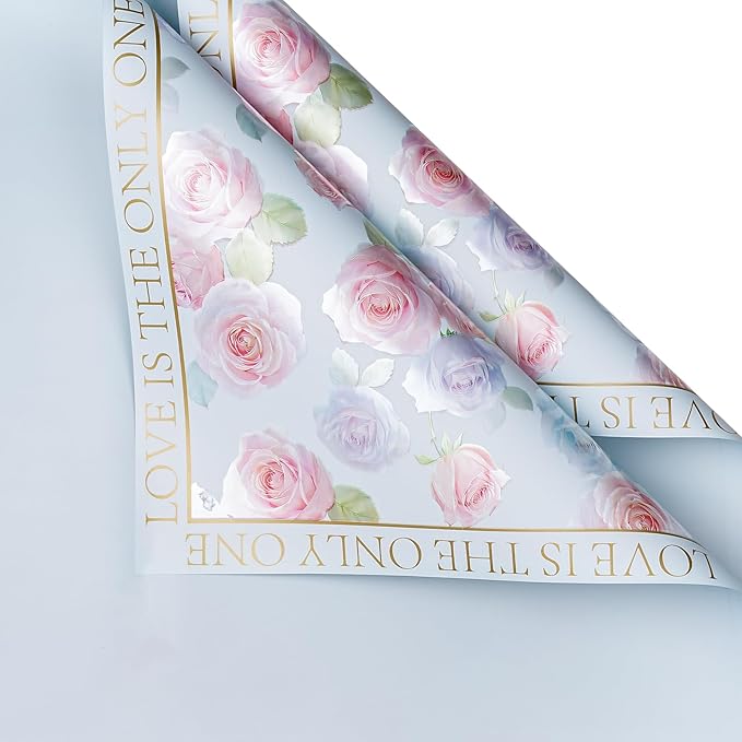WRAPAHOLIC 20 Sheets Light Blue Flower Wrapping Paper - 22.4 x 22.4 inch Rose Design Water-Resistant Floral Bouquet Wrapping Paper, Florist Supplies Packaging for Wedding Birthday Gift DIY