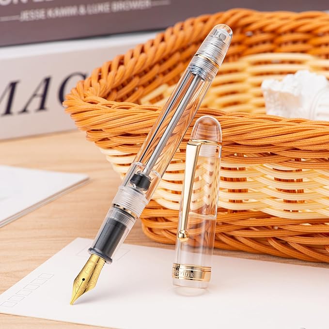 Asvine V126 Vacuum Filling Fountain Pen, Clear Demonstrator Acrylic Stub Nib 1.1mm Calligraphy Art Drawing with Case Set