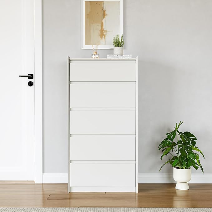 White Dresser for Bedroom, 46" Tall Chest of Drawers, Simply Modern 5 Drawer Storage Organizer for Closet, Hallway, or Small Apartment