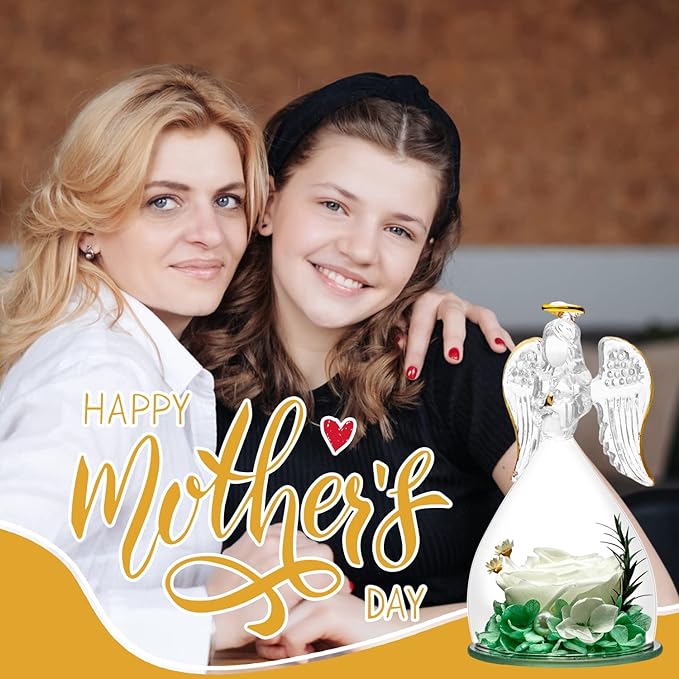 ANWEAO Mom Birthday Flowers Gifts for Mom,Glass Angel Figurines Preserved Real Rose with I Love You Necklace in 100 Languages, Valentines Rose Gifts for Women,Gifts for Her Grandma Unique Flower Gift