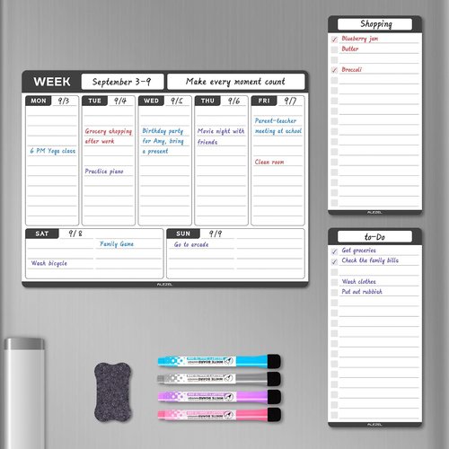 ALEZEL Magnetic Weekly Dry Erase Board - Refrigerator Calendar Planner with 4 Markers & Eraser