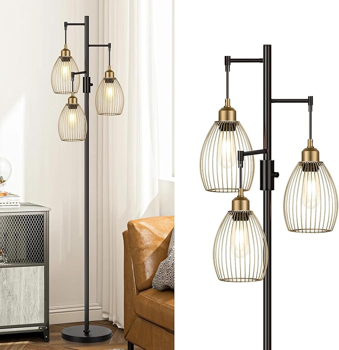 Dimmable Floor Lamp, Industrial Floor Lamps for Living Room, Gold and Black Tree Lamp Standing Lamp Tall Lamps with 3 Elegant Teardrop Cage Head & 800 Lumens LED Bulbs for Living room Bedroom Office