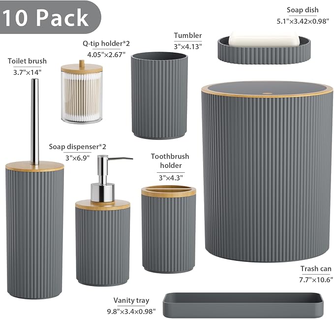 10PC Bathroom Accessories Set - Grey and Wooden Bathroom Sets, Bathroom Accessory Set with Pop Up Trash Can, Toilet Brush, Trash Can, Qtip Holder & Soap Dispenser