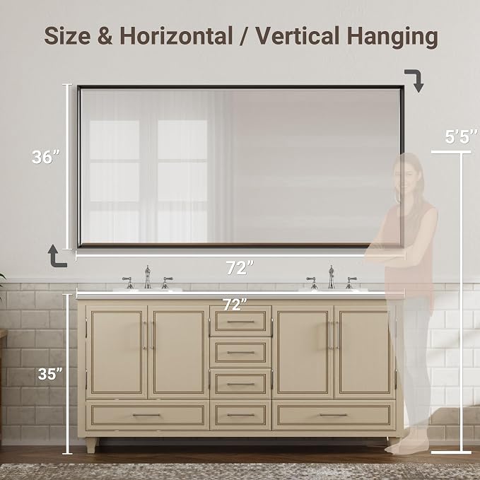 72 x 36 Black Framed Mirror for Bathroom, Beveled Black Bathroom Vanity Mirror Anti-Rust, Shatterproof Matte Black Rectangle Metal Frame Mirror, Vertical/Horizontal Large Wall-Mounted Mirrors