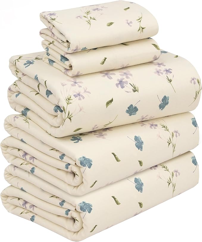 RUVANTI Flannel Sheets Split King Size - 100% Cotton Brushed Split King Bed Sheets Set - Deep Pockets 16 Inches - All Seasons Breathable & Extra Soft - Warm & Cozy, 5 Piece, Jasmine Stamp Cream