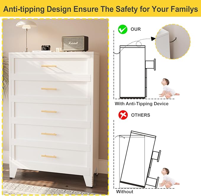 53.54" Tall Metal Dresser for Bedroom, 5 Drawer White Closet Dressers Chests, Modern Storage Organizer Unit, Large Storage Space Drawer Storage Cabinet for Living Room, Entryway, Hallway