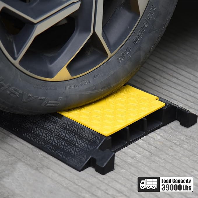 OranLite Rubber Cable Protector Ramp, Heavy Floor Cable Wire Cord Cover Speed Bumps 22000Lbs Load Capacity, Driveway Hose Cable Ramp Protective Cover for Indoor and Outdoor (3-Channel x 2Pcs)