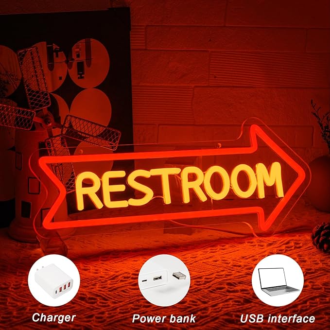 Restroom Neon Signs for Wall Decor Restroom Led Sign Dimmable USB Bathroom Neon Light with Arrow Toilet Bathroom Signs for Home Bar School Shopping Mall Hotels Hospitals