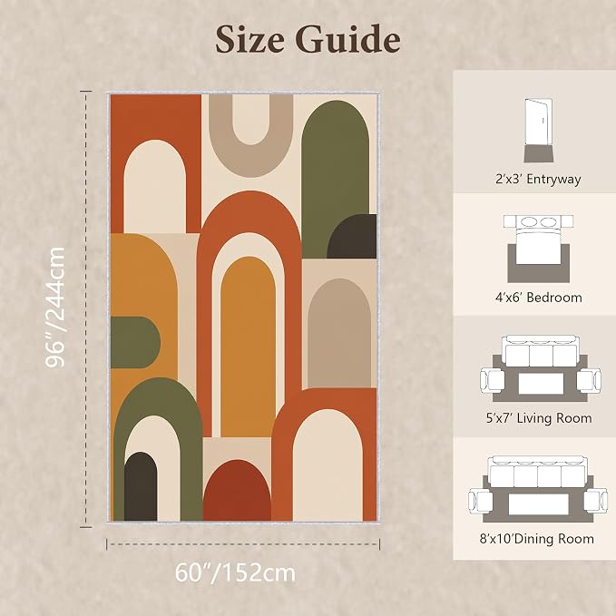 Mid Century Arch Area Rug 5x8, Terracotta Geometric Abstract Rug, Retro Modern Color Block Washable Low Pile Non Slip Rug for Living Room Bedroom