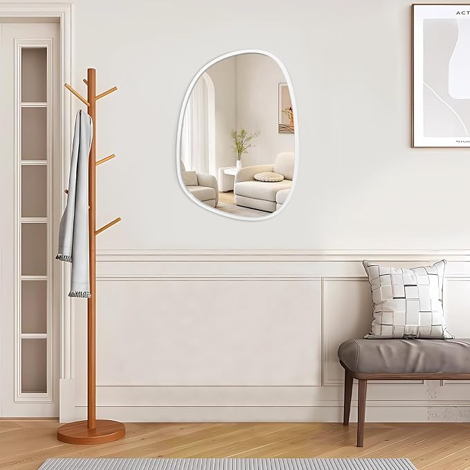 Asymmetrical Mirror Irregular Wall Mirror Oval Wood Frame Wall Mirror for Bathroom Wall Mirrors Decorative for Bedroom Living Room Entryway Hallway Unique Hanging Mirror White