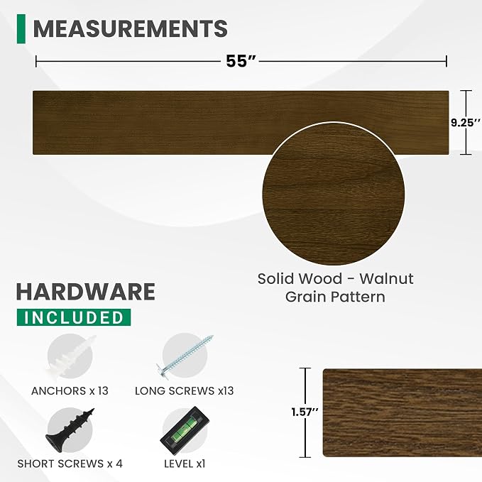 Solid Wood Floating Shelves For Wall, 55”W x 9”D x 1.56”H Large Wall Shelves for Living Room Bedroom Bathroom Kitchen Drcor Storage with Invisible Heavy-Duty Metal Bracket, Light Brown, Set of 1