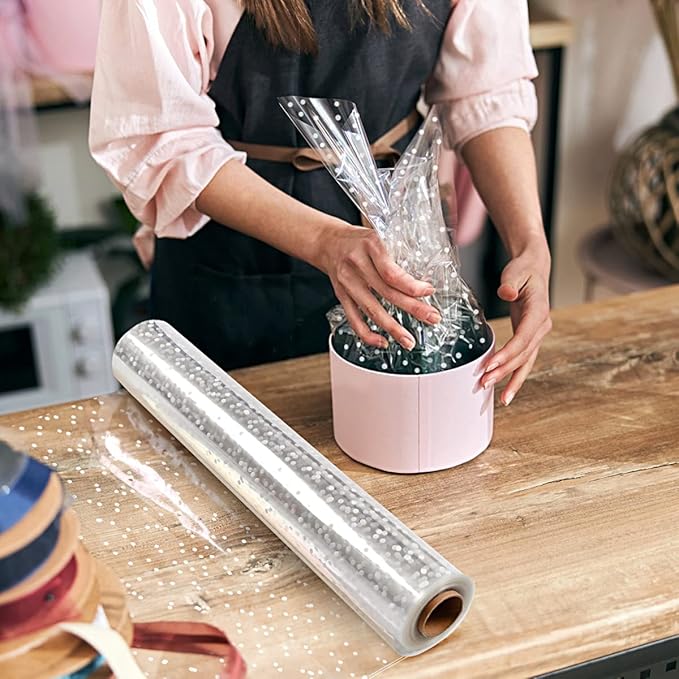 Giiffu Clear Cellophane Wrap Roll (34 in x 148 ft)-Cellophane Roll for Gift Basket, White Polka Dot Wrapping Paper, 3 Mil Thick Plastic Hampers Gift Wrap for Flower Bouquet, Basket, Treats, Crafts