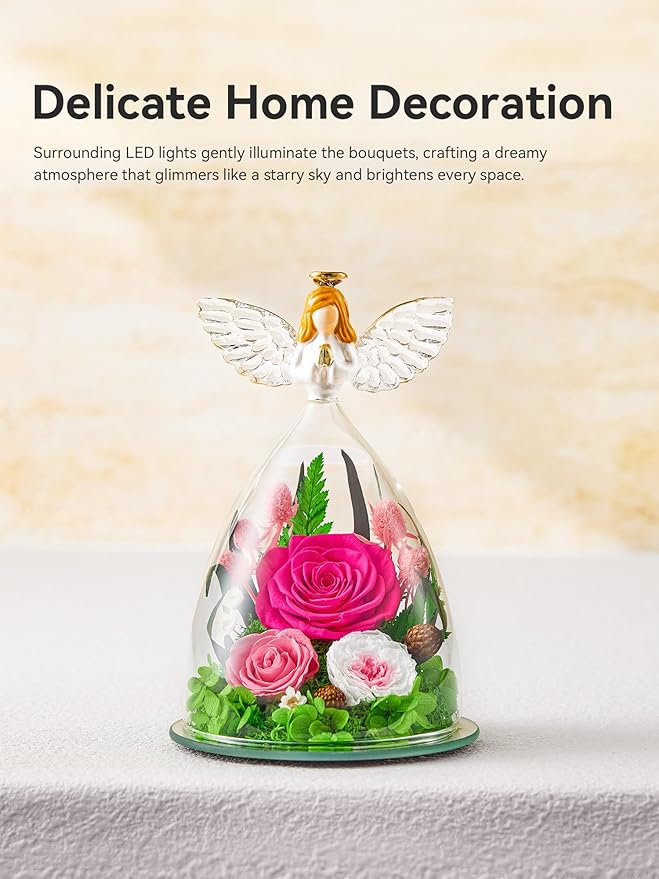 Gifts for Women Forever Flowers Preserved Rose in Glass Angel Figurine Real Colorful Roses Birthday Gifts for Her Grandma Sister Daughter Wife, Hot Pink